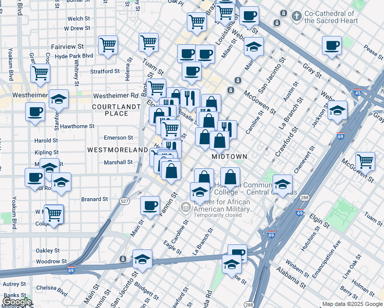 map of restaurants, bars, coffee shops, grocery stores, and more near 3303 Main Street in Houston