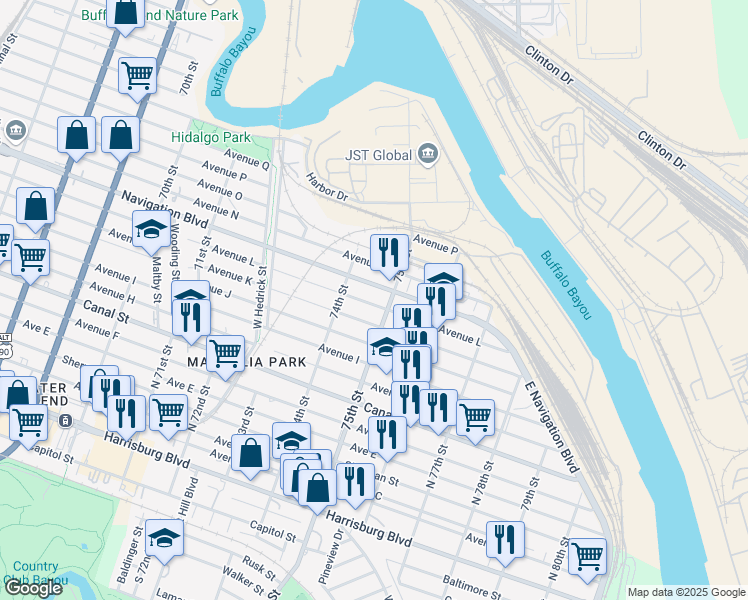 map of restaurants, bars, coffee shops, grocery stores, and more near 1209 75th Street in Houston