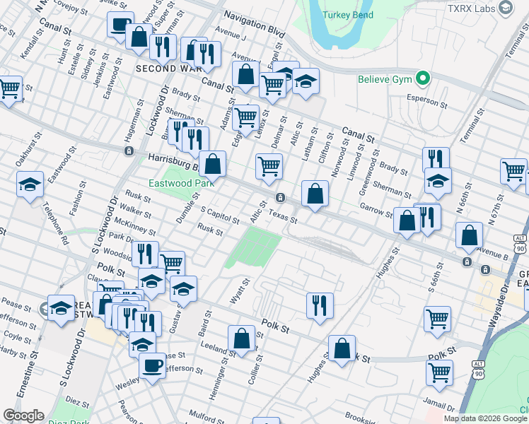 map of restaurants, bars, coffee shops, grocery stores, and more near in Houston
