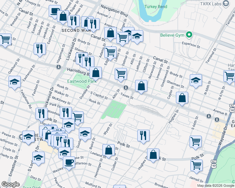 map of restaurants, bars, coffee shops, grocery stores, and more near 5404 Texas Street in Houston