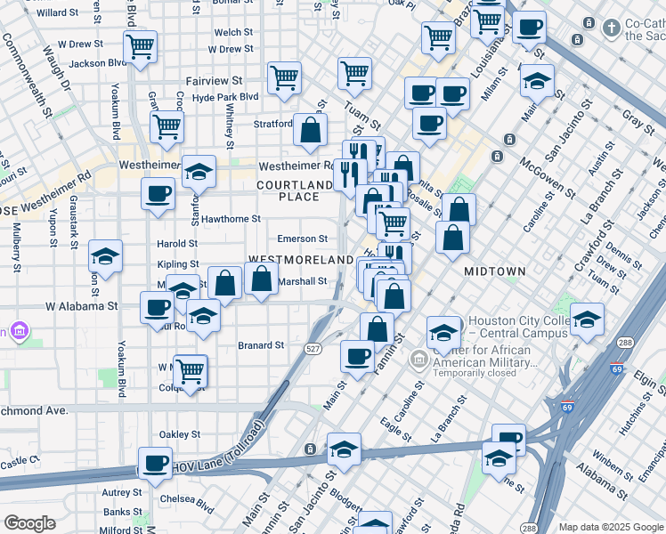 map of restaurants, bars, coffee shops, grocery stores, and more near 436 Westmoreland Street in Houston