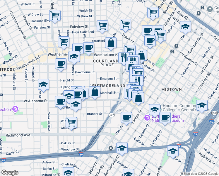map of restaurants, bars, coffee shops, grocery stores, and more near 400 Westmoreland Street in Houston