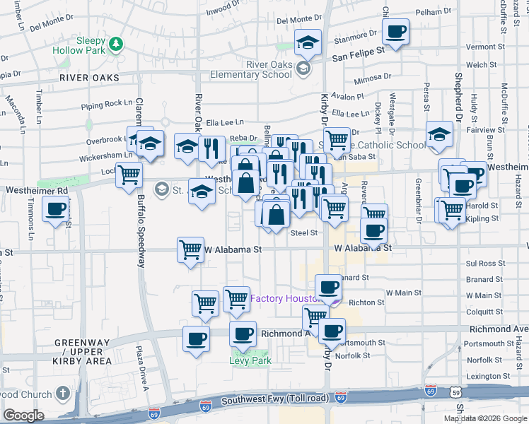 map of restaurants, bars, coffee shops, grocery stores, and more near 2808 Sackett Street in Houston