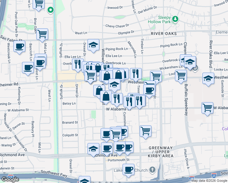 map of restaurants, bars, coffee shops, grocery stores, and more near 2707 Essex Terrace in Houston