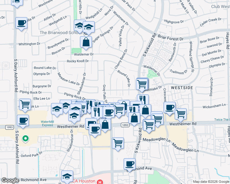 map of restaurants, bars, coffee shops, grocery stores, and more near 2302 Silver Sage Drive in Houston