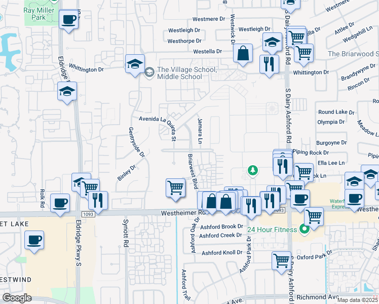 map of restaurants, bars, coffee shops, grocery stores, and more near 2300 Briarwest Boulevard in Houston