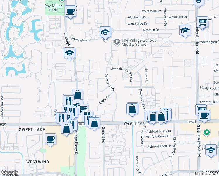 map of restaurants, bars, coffee shops, grocery stores, and more near 13103 Waldemere Drive in Houston