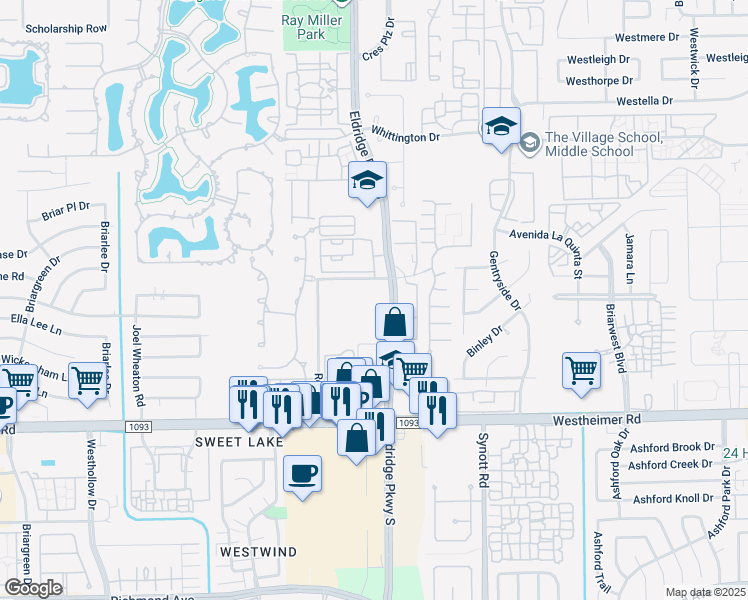 map of restaurants, bars, coffee shops, grocery stores, and more near 2310 Eldridge Parkway in Houston