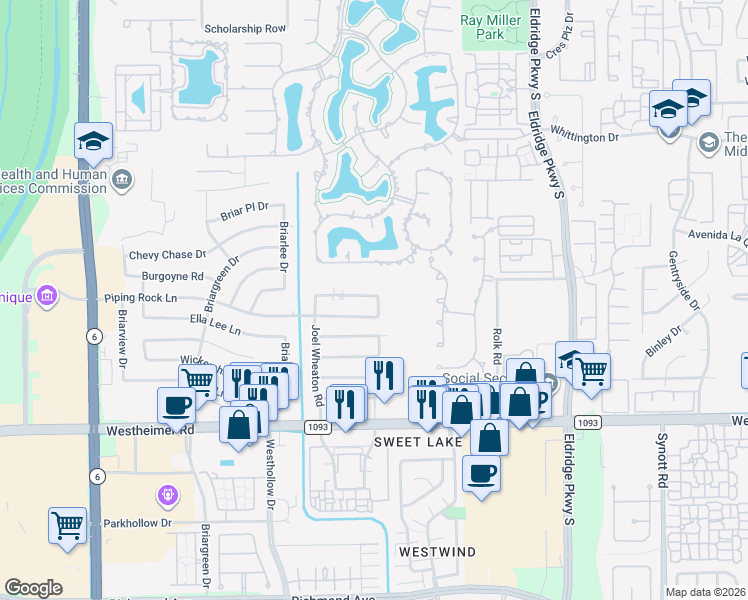 map of restaurants, bars, coffee shops, grocery stores, and more near 13723 Burgoyne Road in Houston