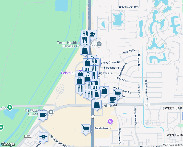 map of restaurants, bars, coffee shops, grocery stores, and more near Hwy 6 & Piping Rock Ln in Houston