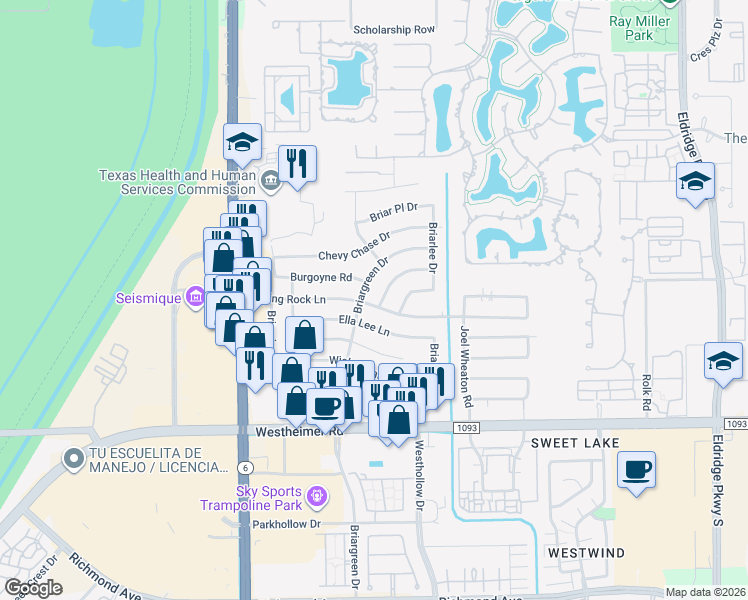 map of restaurants, bars, coffee shops, grocery stores, and more near 2126 Briarcrest Drive in Houston