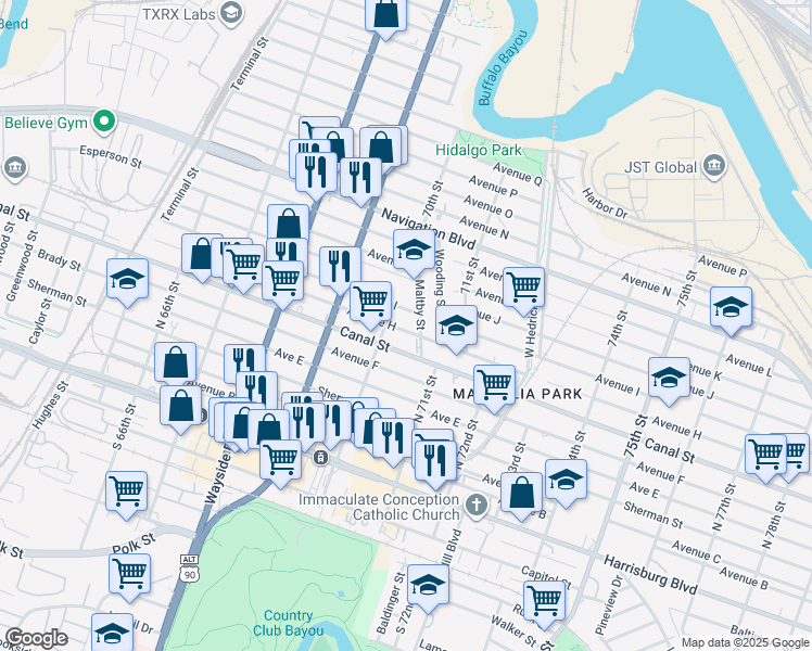 map of restaurants, bars, coffee shops, grocery stores, and more near 7017 Avenue H in Houston