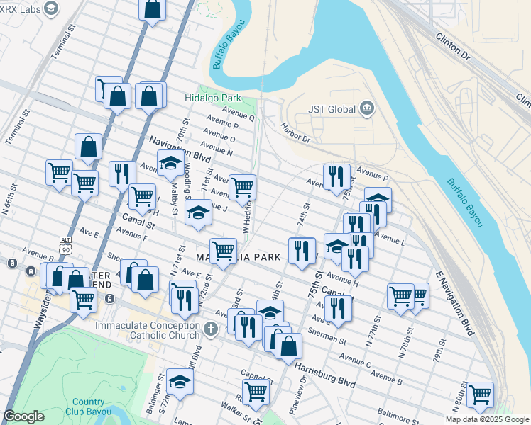 map of restaurants, bars, coffee shops, grocery stores, and more near 7250 Avenue K in Houston