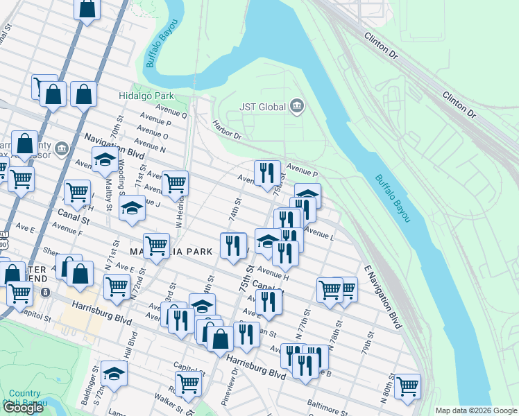 map of restaurants, bars, coffee shops, grocery stores, and more near 1209 75th Street in Houston