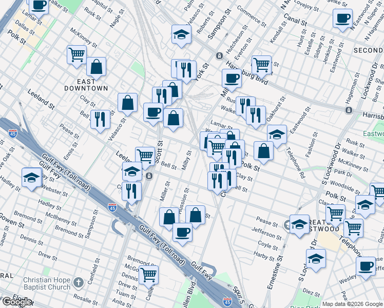 map of restaurants, bars, coffee shops, grocery stores, and more near 1314 Milby Street in Houston