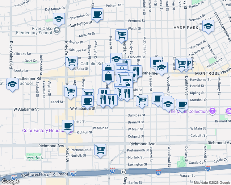 map of restaurants, bars, coffee shops, grocery stores, and more near 2127 Harold Street in Houston