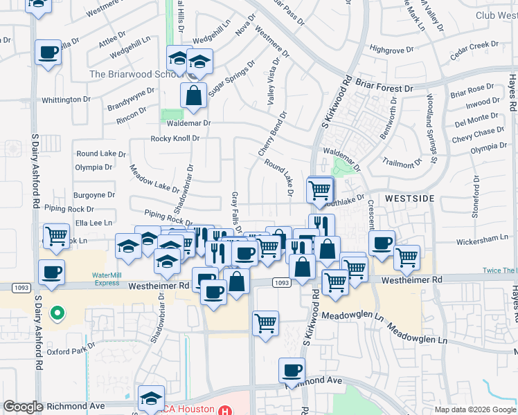 map of restaurants, bars, coffee shops, grocery stores, and more near 2302 Silver Sage Drive in Houston