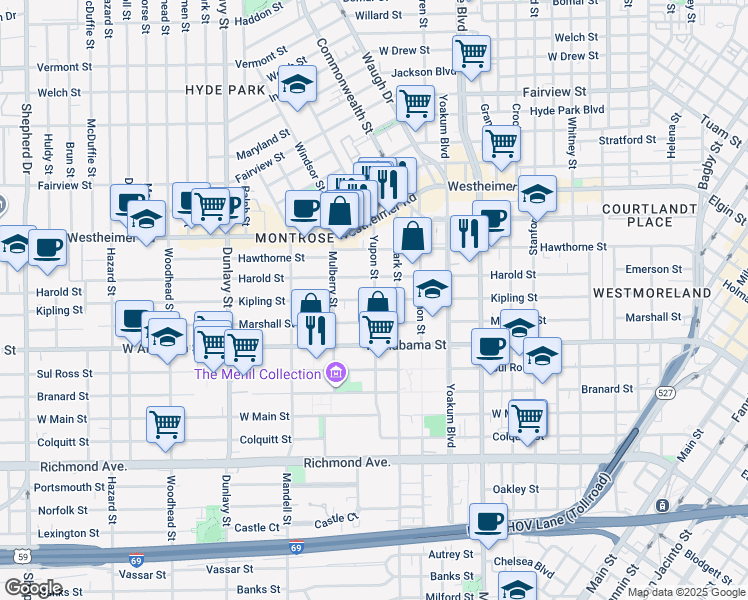 map of restaurants, bars, coffee shops, grocery stores, and more near 3600 Yupon Street in Houston