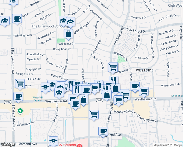 map of restaurants, bars, coffee shops, grocery stores, and more near 2302 Silver Sage Dr in Houston