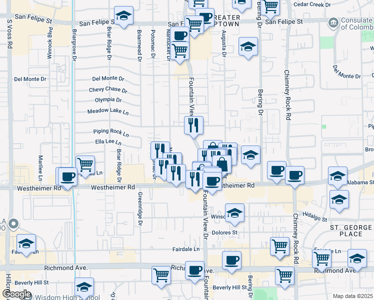 map of restaurants, bars, coffee shops, grocery stores, and more near 2626 Fountain View Drive in Houston