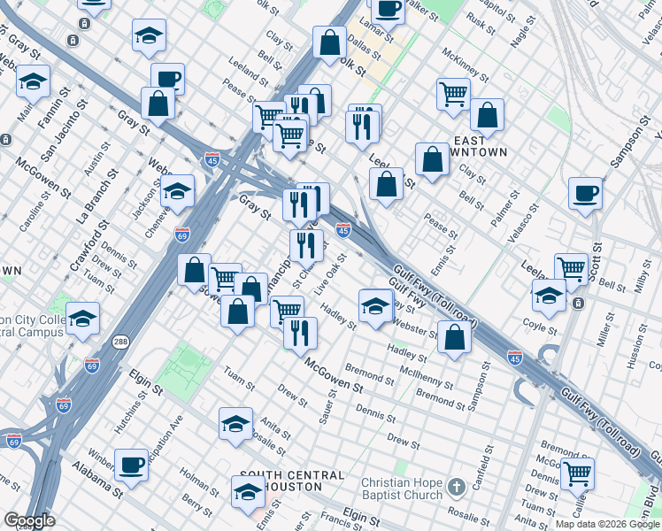 map of restaurants, bars, coffee shops, grocery stores, and more near 2102 Live Oak Street in Houston