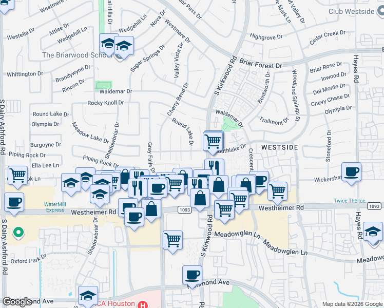 map of restaurants, bars, coffee shops, grocery stores, and more near 11903 Southlake Drive in Houston