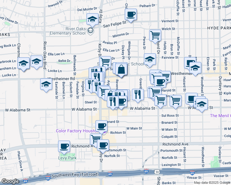 map of restaurants, bars, coffee shops, grocery stores, and more near 2814 Revere Street in Houston