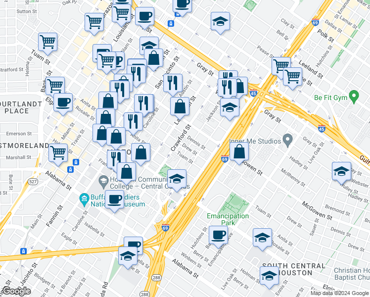 map of restaurants, bars, coffee shops, grocery stores, and more near 1620 Drew Street in Houston