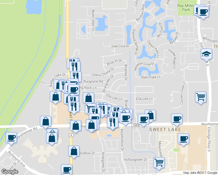map of restaurants, bars, coffee shops, grocery stores, and more near 2126 Briarcrest Drive in Houston
