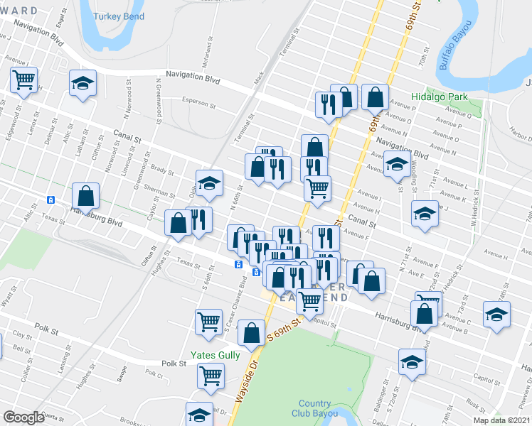 map of restaurants, bars, coffee shops, grocery stores, and more near 501 67th Street in Houston