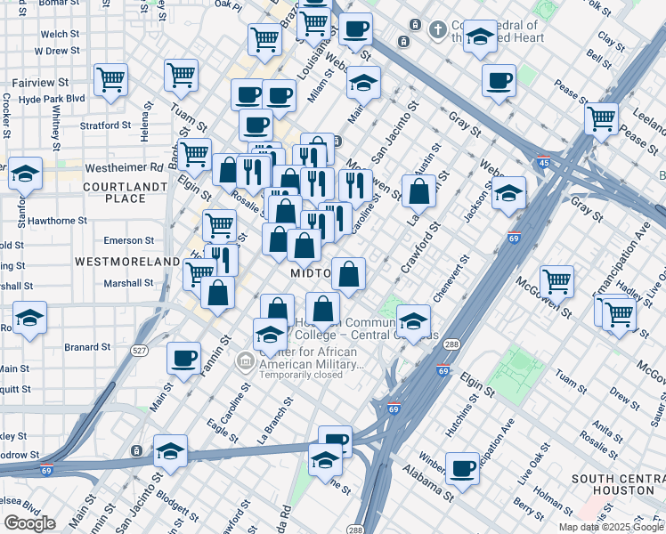 map of restaurants, bars, coffee shops, grocery stores, and more near in Houston