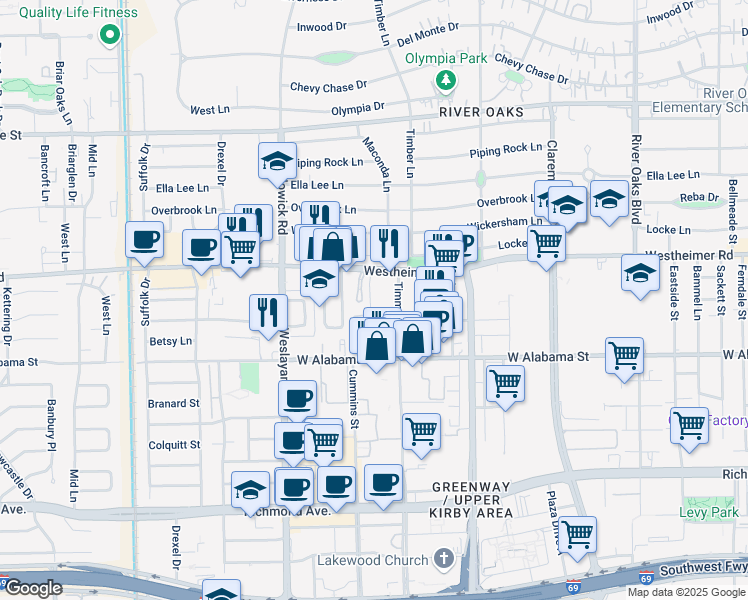 map of restaurants, bars, coffee shops, grocery stores, and more near 3703 Westheimer Road in Houston