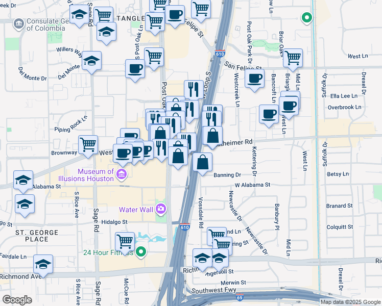 map of restaurants, bars, coffee shops, grocery stores, and more near 2600 West Loop South in Houston