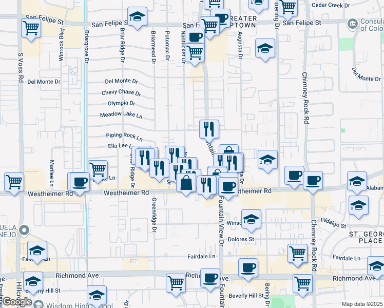 map of restaurants, bars, coffee shops, grocery stores, and more near 2503 Nantucket Drive in Houston