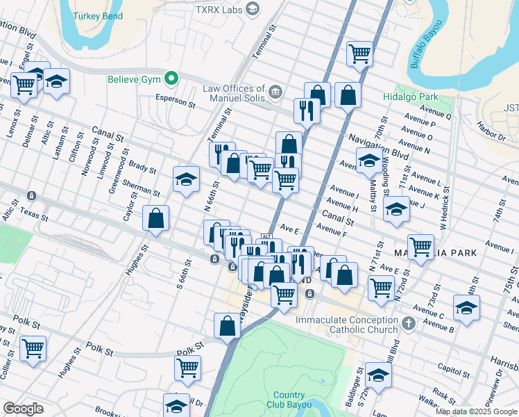map of restaurants, bars, coffee shops, grocery stores, and more near 6734 Avenue F in Houston