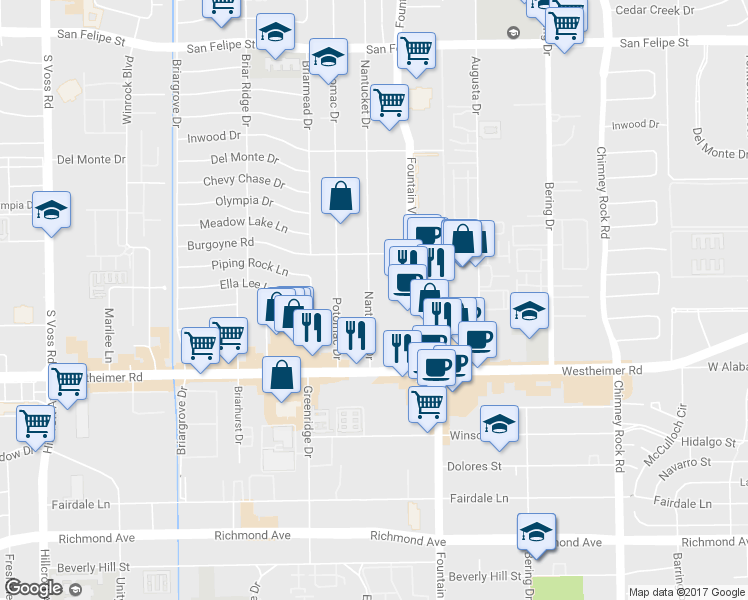 map of restaurants, bars, coffee shops, grocery stores, and more near 2503 Nantucket Dr in Houston