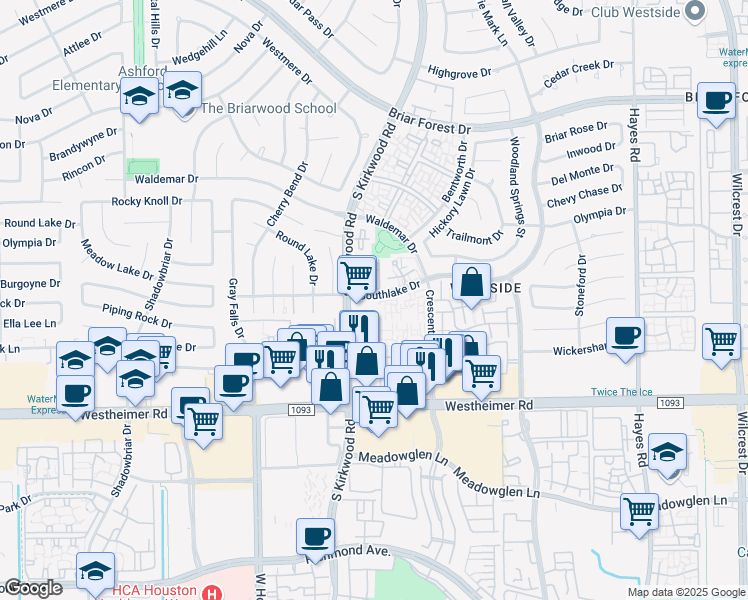 map of restaurants, bars, coffee shops, grocery stores, and more near 24 Southlake Drive in Houston