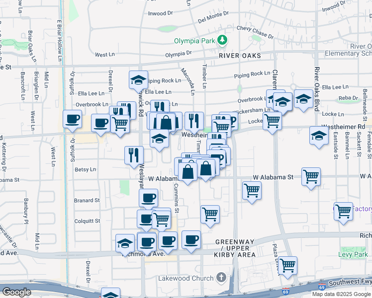 map of restaurants, bars, coffee shops, grocery stores, and more near 3703 Westheimer Road in Houston