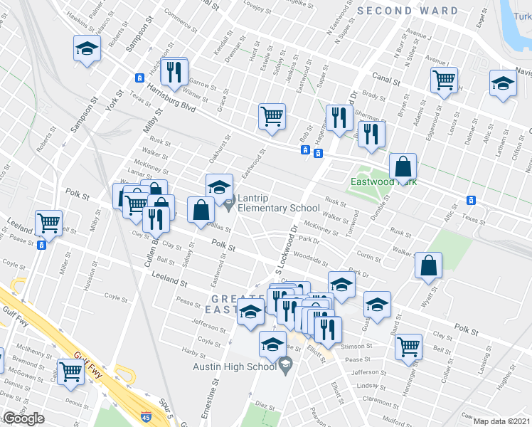 map of restaurants, bars, coffee shops, grocery stores, and more near 4502 McKinney Street in Houston