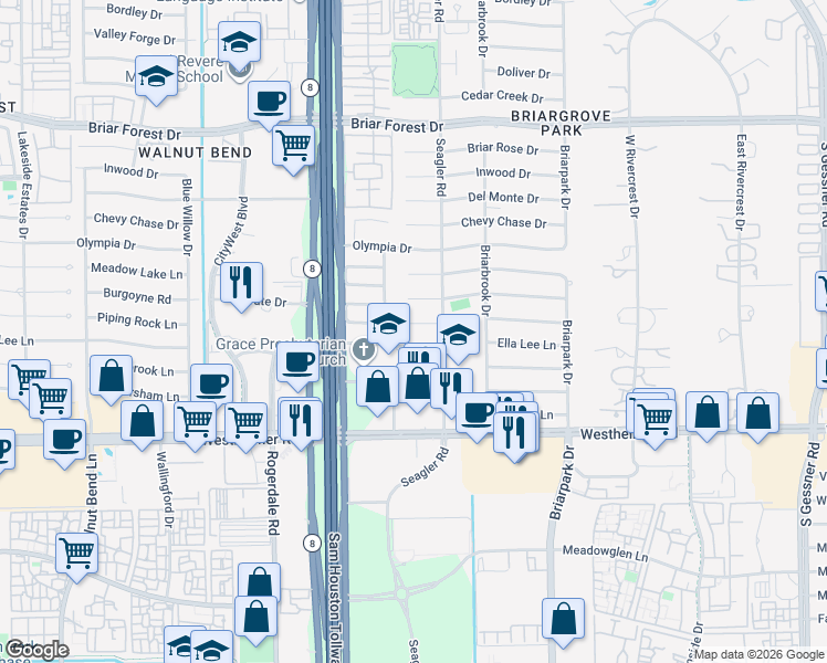 map of restaurants, bars, coffee shops, grocery stores, and more near 10219 Piping Rock Ln in Houston