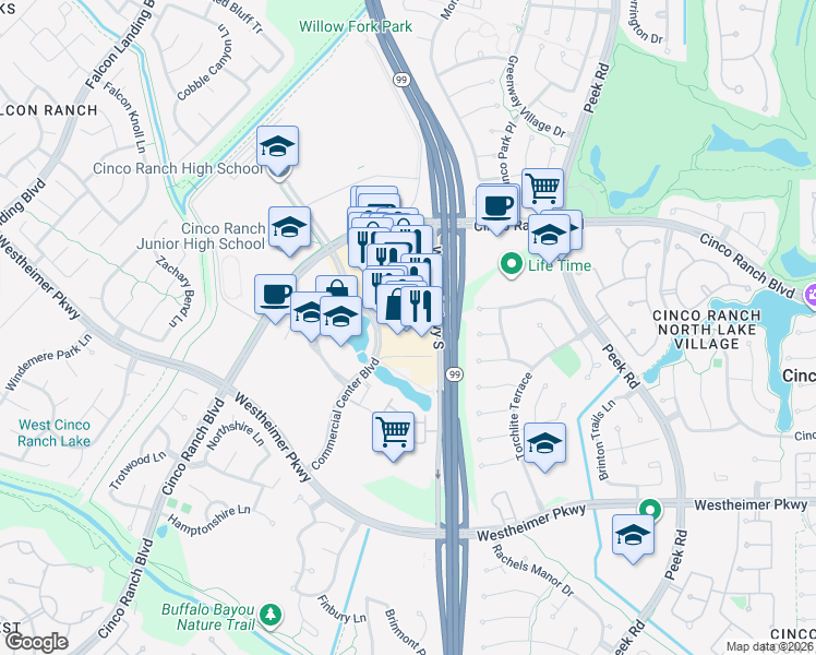 map of restaurants, bars, coffee shops, grocery stores, and more near 2717 Commercial Center Boulevard in Katy