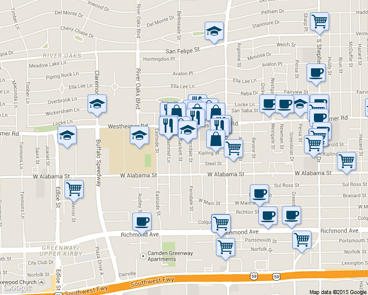 map of restaurants, bars, coffee shops, grocery stores, and more near 2808 Sackett St in Houston