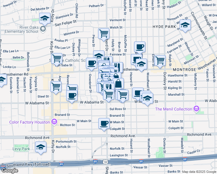 map of restaurants, bars, coffee shops, grocery stores, and more near 2801 Harold Street in Houston
