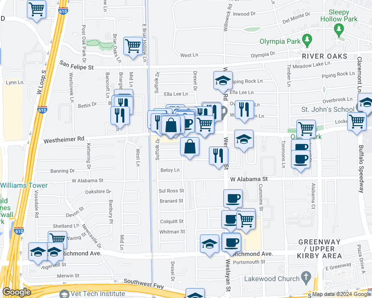 map of restaurants, bars, coffee shops, grocery stores, and more near 2723 Drexel Drive in Houston