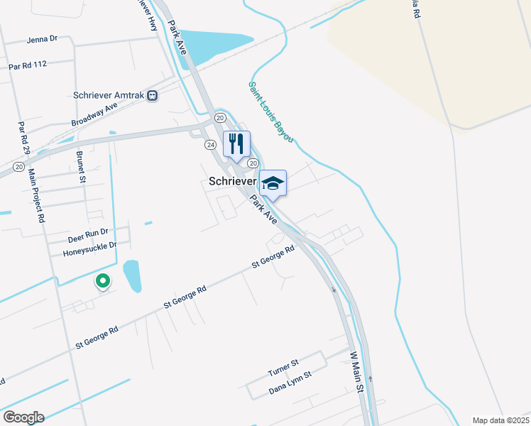 map of restaurants, bars, coffee shops, grocery stores, and more near 105 West Park Avenue in Schriever