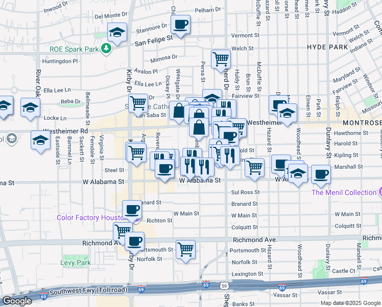 map of restaurants, bars, coffee shops, grocery stores, and more near 2805 Newman Street in Houston