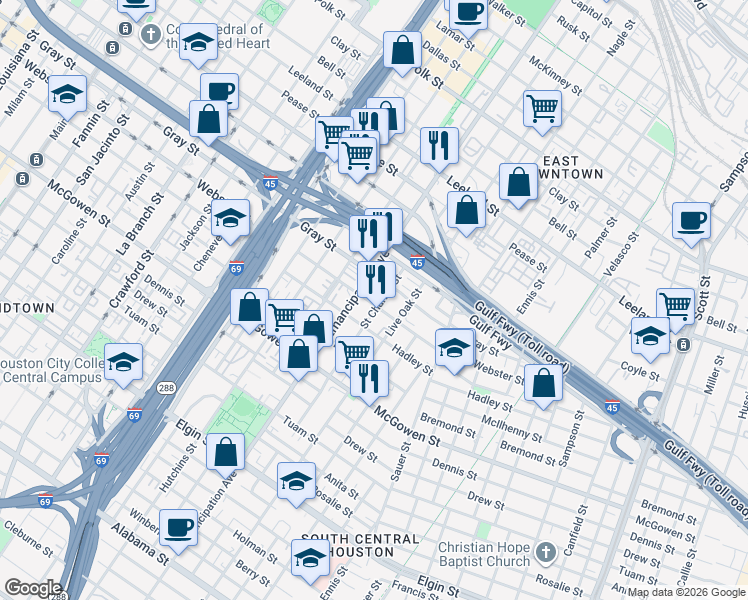map of restaurants, bars, coffee shops, grocery stores, and more near 2120 Saint Charles Street in Houston