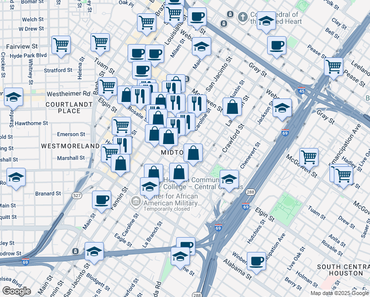 map of restaurants, bars, coffee shops, grocery stores, and more near in Houston