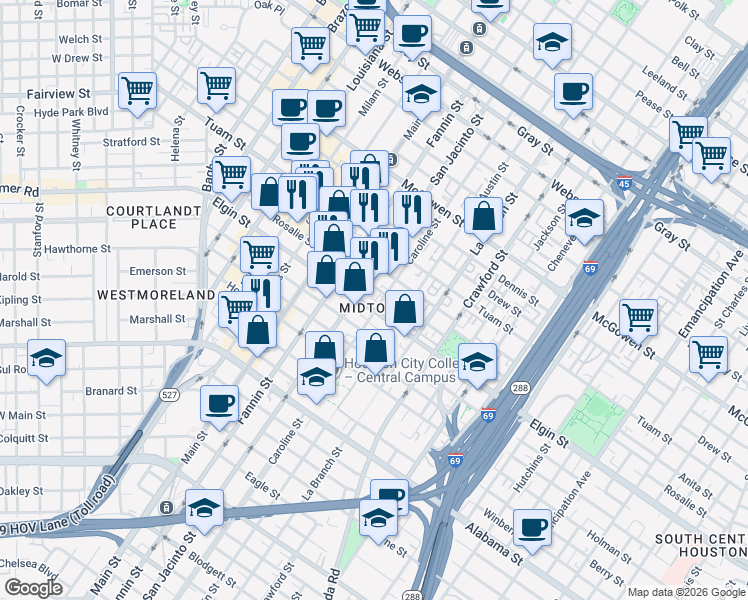 map of restaurants, bars, coffee shops, grocery stores, and more near in Houston