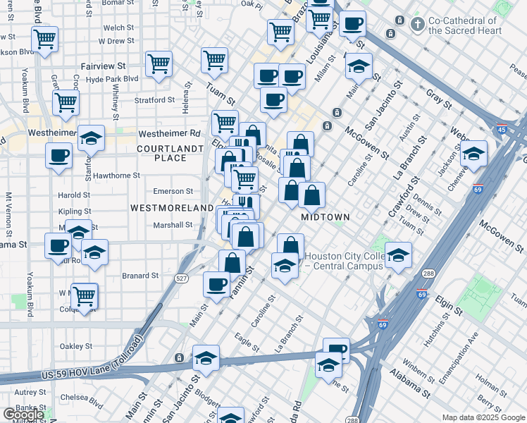 map of restaurants, bars, coffee shops, grocery stores, and more near 3400 Main street in Houston